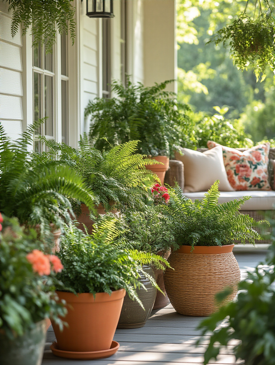 A cozy front porch adorned with an array of green plants and decorative planters in varying styles and sizes, creating a welcoming and natural atmosphere.