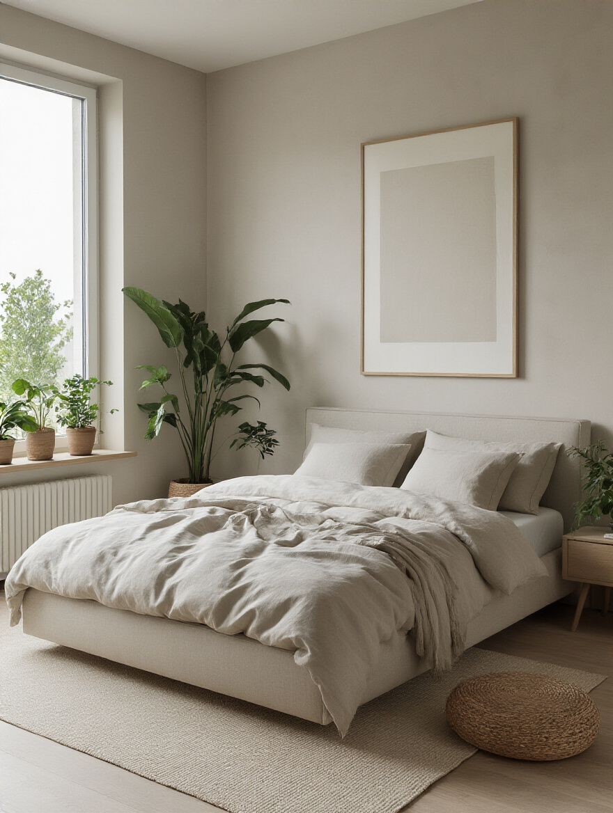 Modern bedroom with low-maintenance indoor plants for vitality
