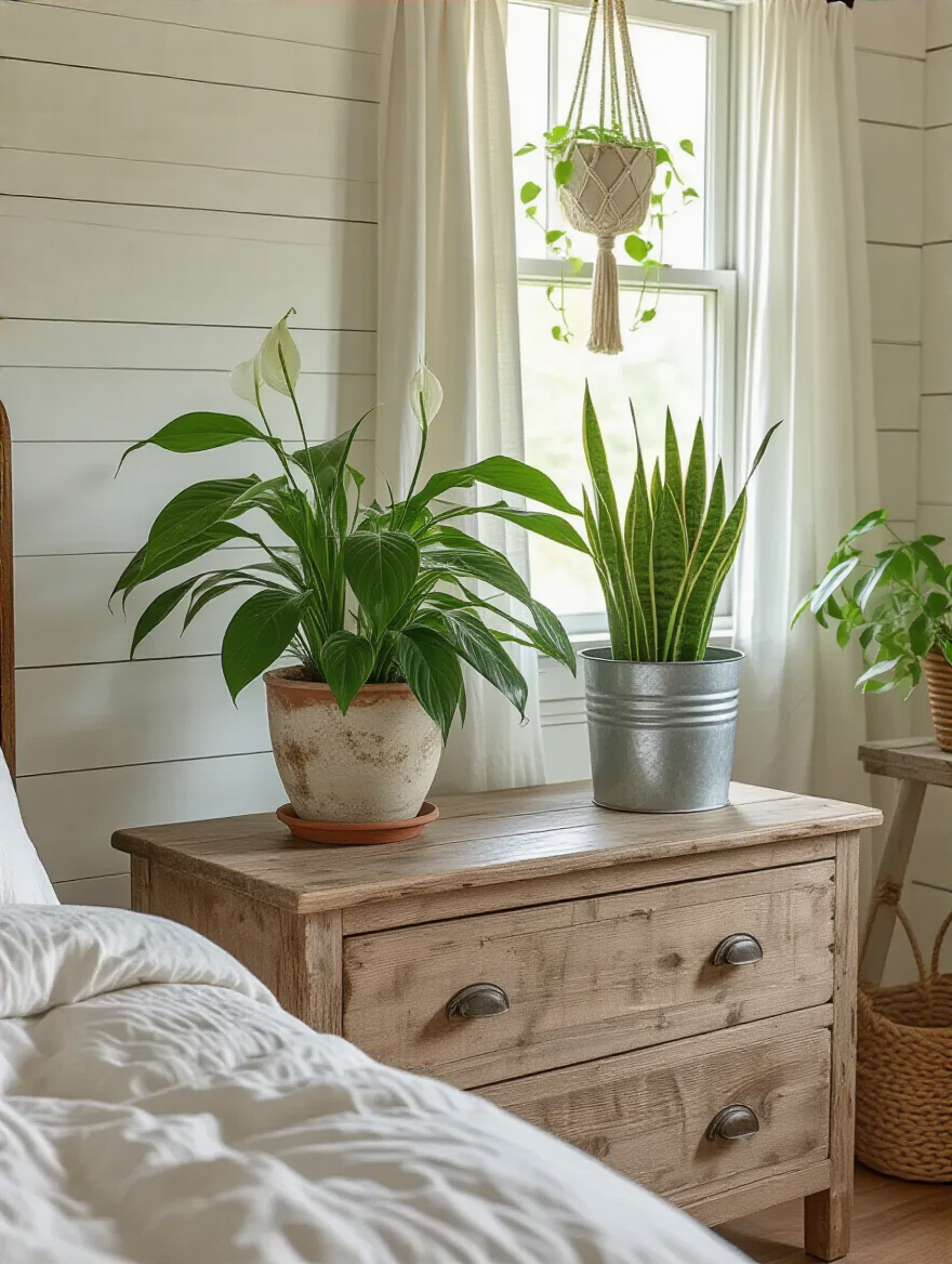 A cozy farmhouse bedroom featuring various live potted plants, including a tall snake plant in a galvanized pot and a smaller peace lily on a rustic nightstand, adding fresh greenery.