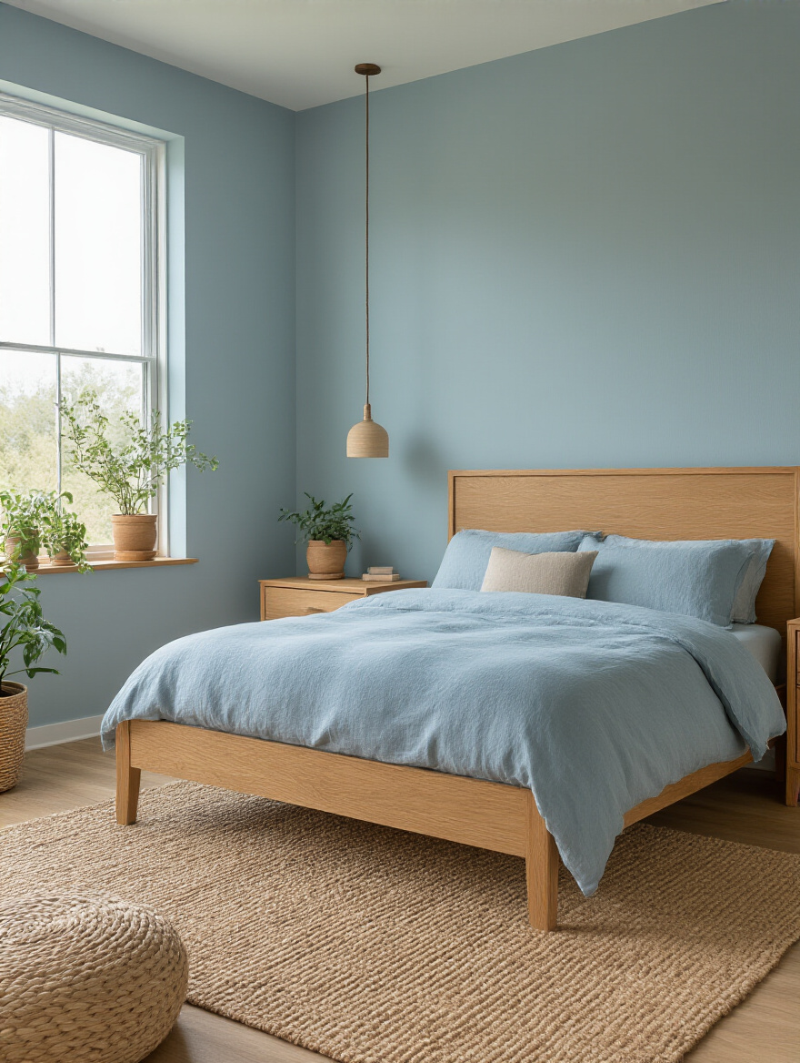 Vertical shot of blue bedroom with natural wood grounding and prominent wood grain.