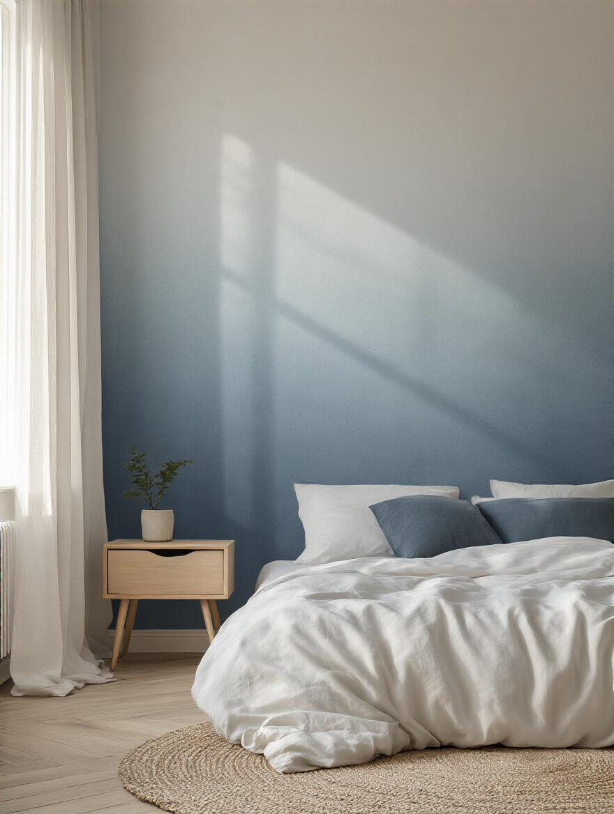 Portrait of a bedroom wall with a seamless ombré gradient from dark at the bottom to light at the top, soft daylight, minimal decor.