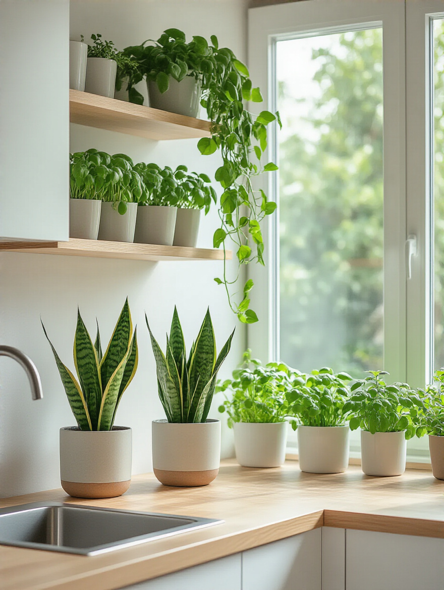 Portrait view of a bright modern kitchen with various houseplants and herbs on open shelves and a windowsill, adding freshness and life. White cabinets and natural wood accents.