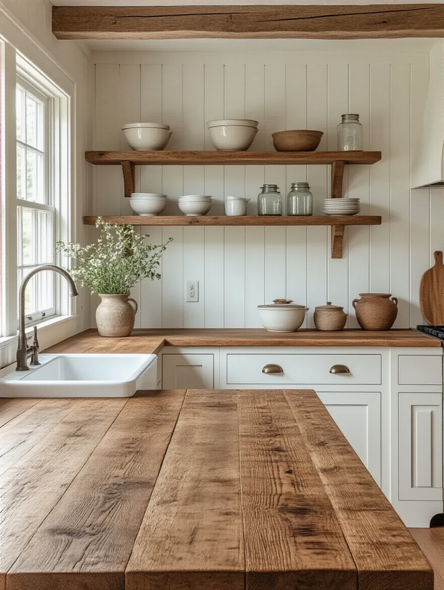 A charming cottage kitchen featuring a reclaimed wood island countertop and open shelving, adding rustic warmth and historical character.