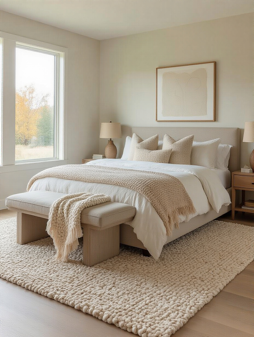 Modern bedroom with layered textured rug and throws