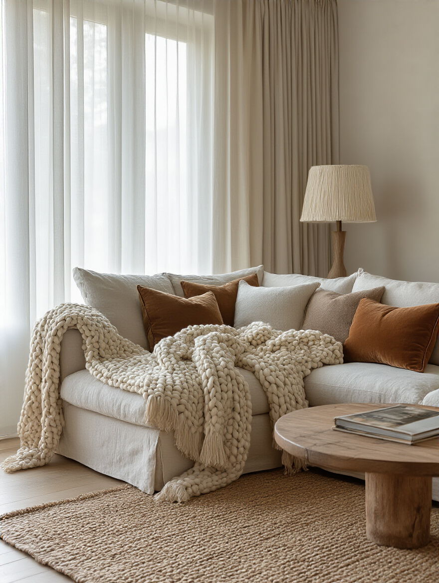 Living room texture layering with pillows, throws, and fabrics