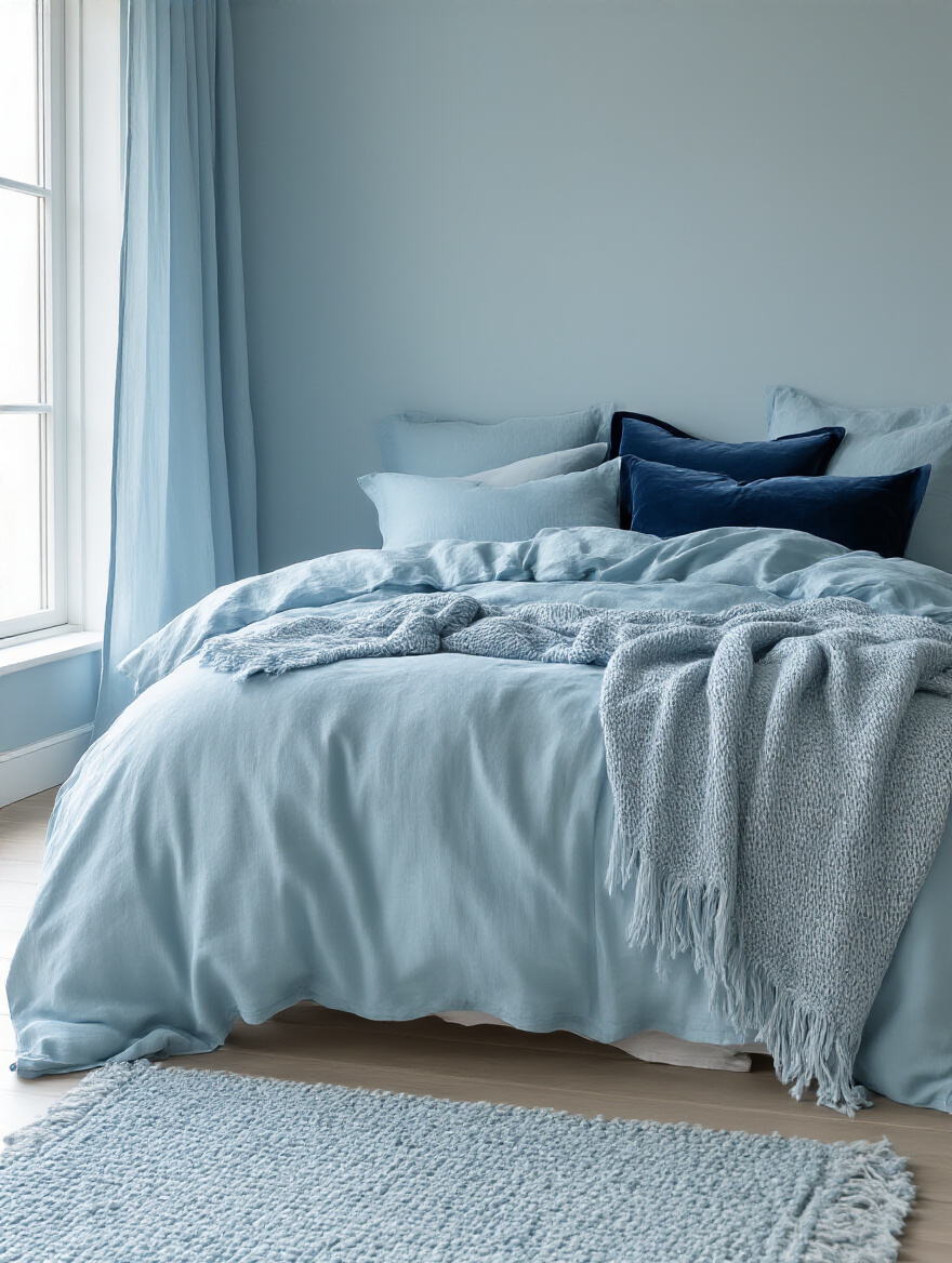 Portrait of a serene blue bedroom with layered textiles in varying blue shades for depth