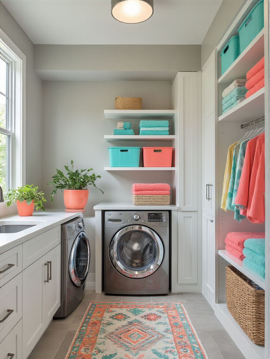 Vertical laundry room with vibrant color accessories and linens as focal accents