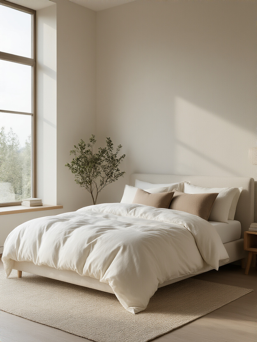 Portrait view of a serene modern bedroom with hypoallergenic bedding