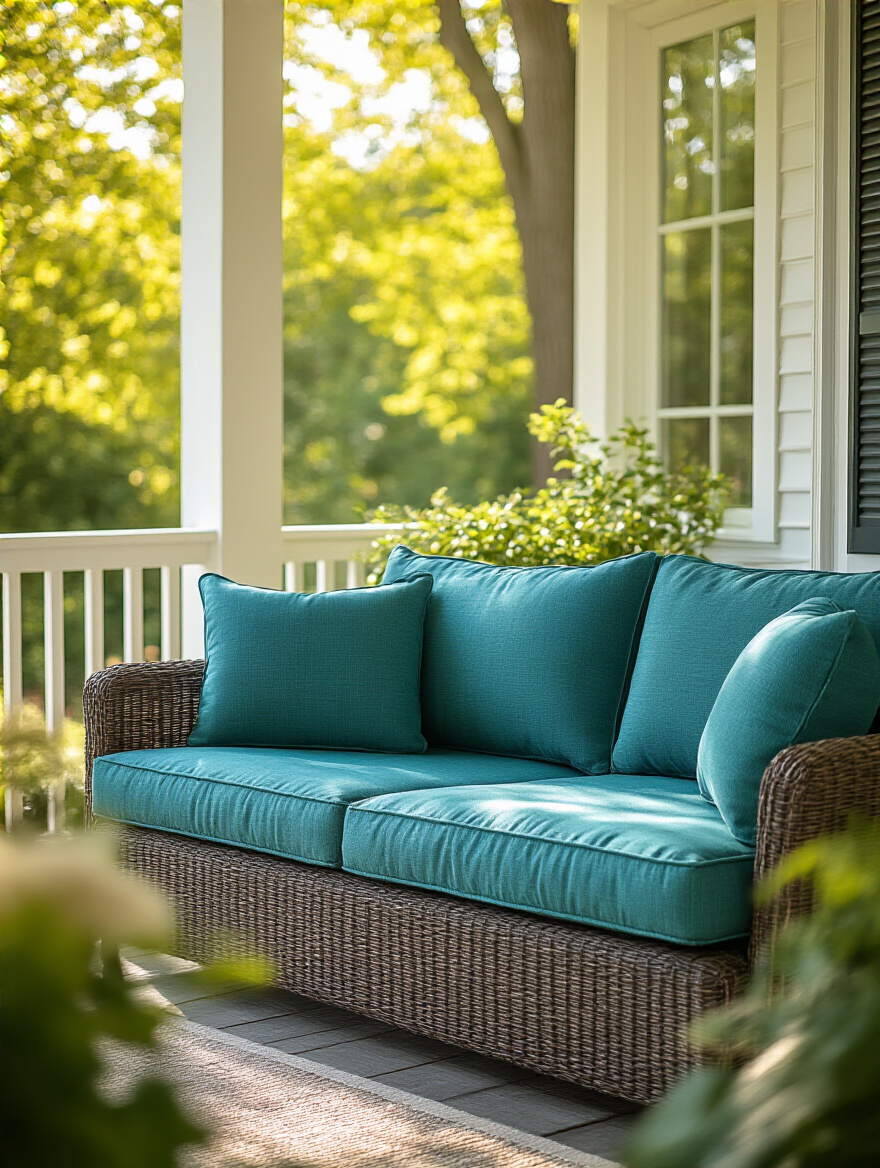 Luxurious teal UV-resistant outdoor cushions on a modern grey porch sofa, showing vibrant color and plush texture in natural sunlight.