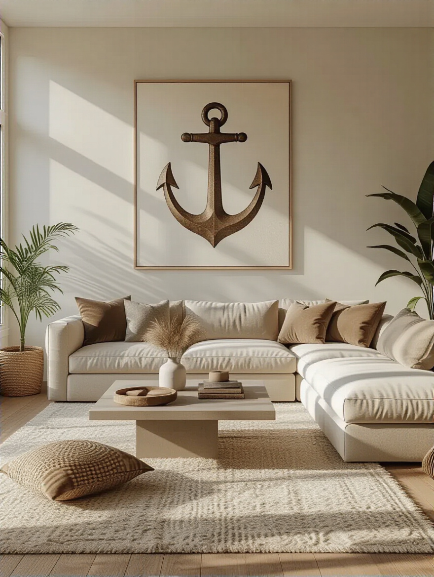 Portrait of a living room with a defining anchor sofa in a neutral, layered setting
