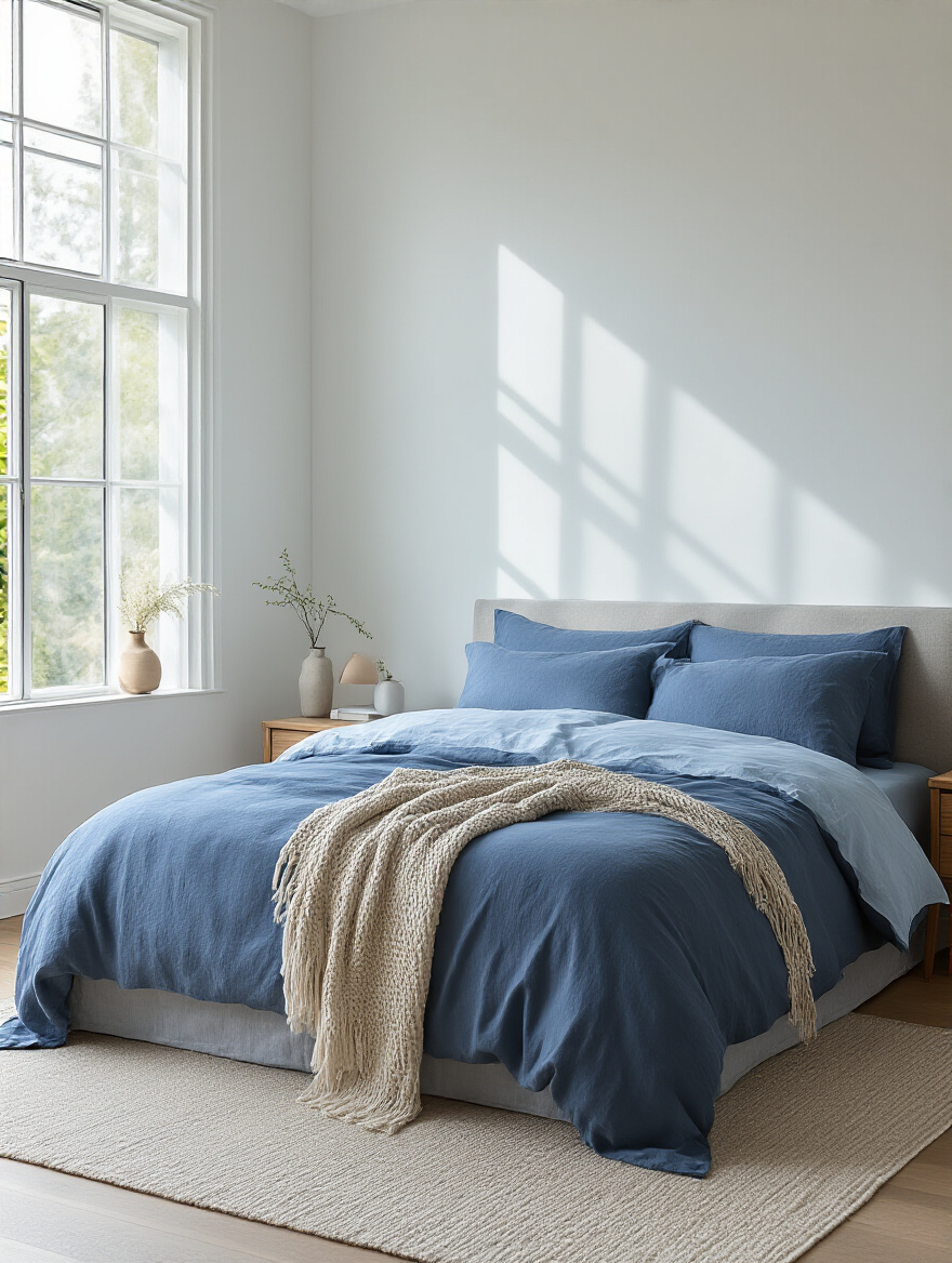 Luxurious blue bedding on a plush bed in a serene blue-toned bedroom