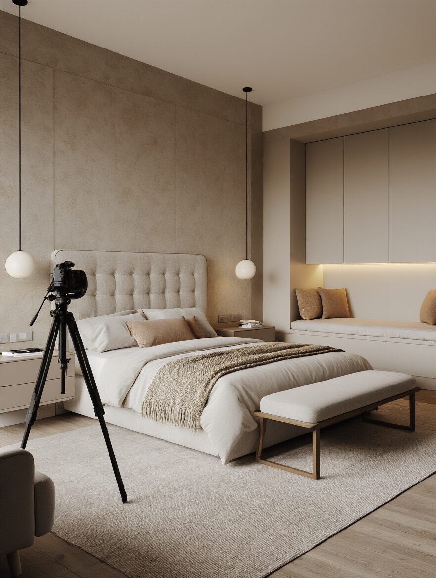 Portrait of a modern bedroom showing layered ambient, task, and accent lighting with warm tones