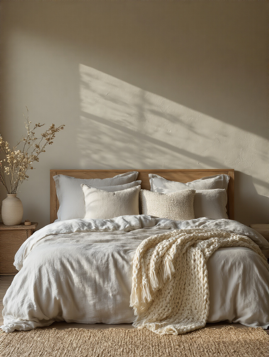 Farmhouse bed with layers of natural fiber bedding, including linen duvet, organic cotton sheets, and a wool throw, creating texture and comfort.