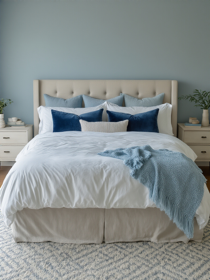 Layered blue pillows and throws on a cozy blue-bed setup