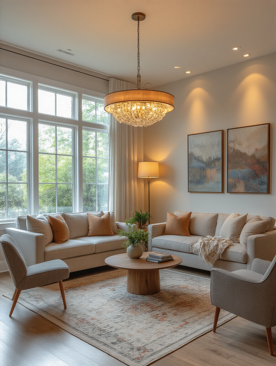 Portrait living room with layered lighting showing ambient, task, and accent lighting
