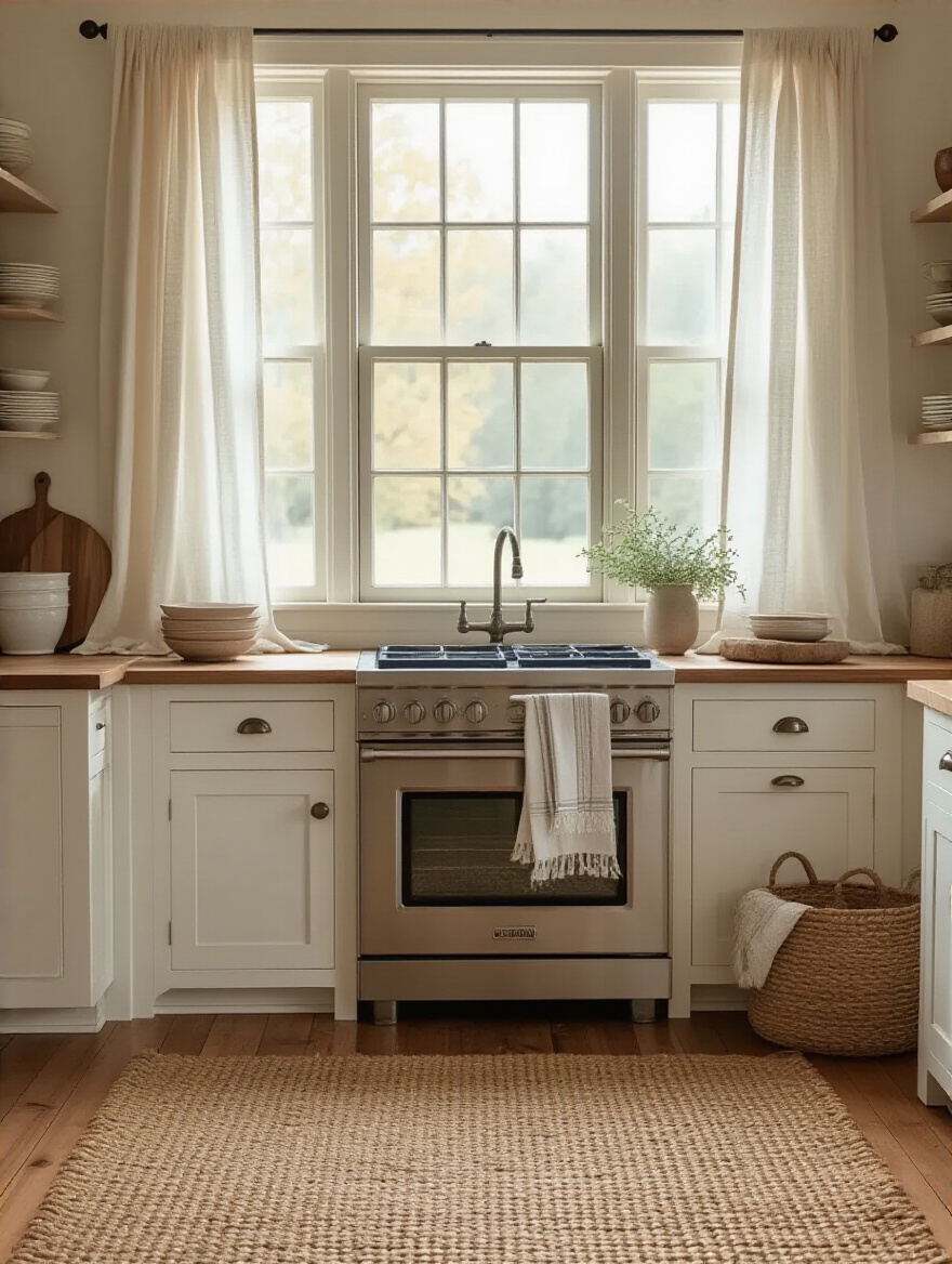 Portrait of a farmhouse kitchen with layered textiles: linen curtains, rug, and towels.