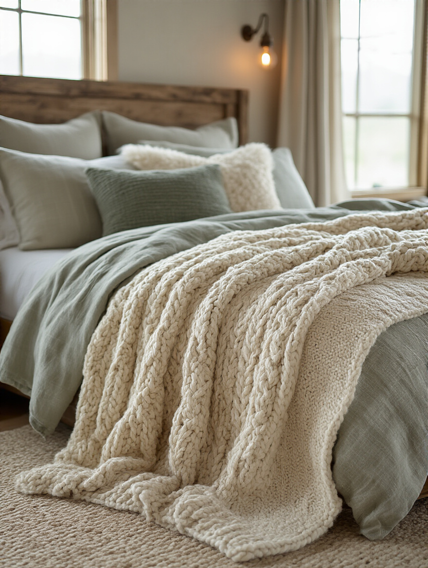 Close-up of a rustic bed layered with chunky knit, cable knit, and faux fur throw blankets in neutral tones, enhancing warmth and coziness.