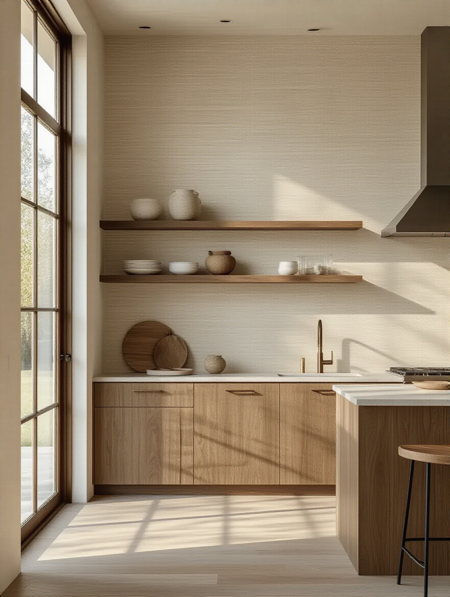 Portrait of a kitchen wall with layered textured wallpaper and wood shelving