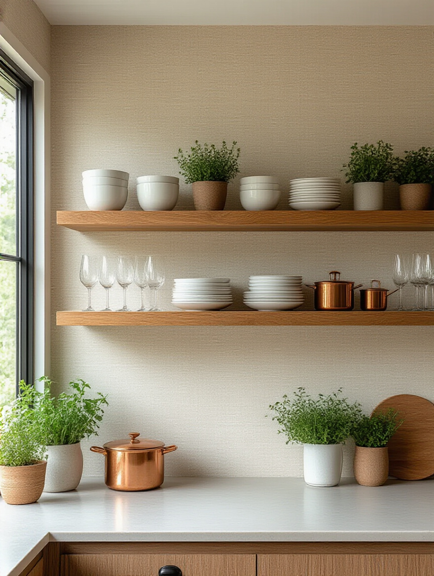 Portrait of a kitchen wall with wallpaper behind open shelves and curated display items