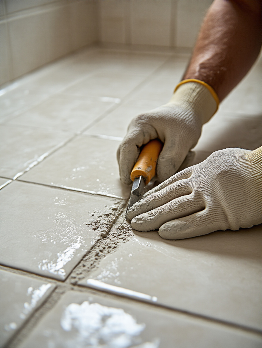 Hands in protective gloves regrouting bathroom floor tiles to prevent water damage and extend lifespan.