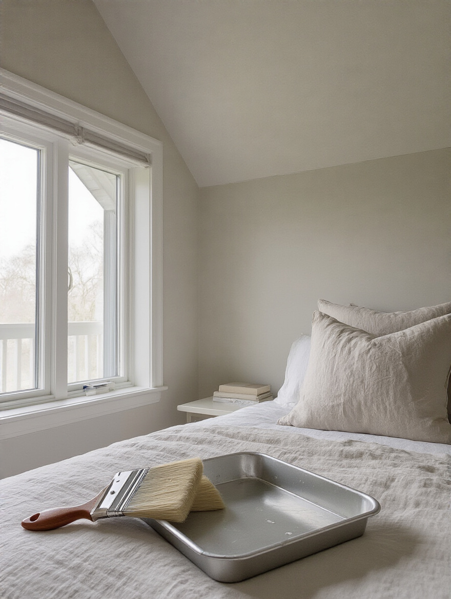 Bedroom corner with crisp cut-in edge between ceiling and wall, angled sash brush and tray