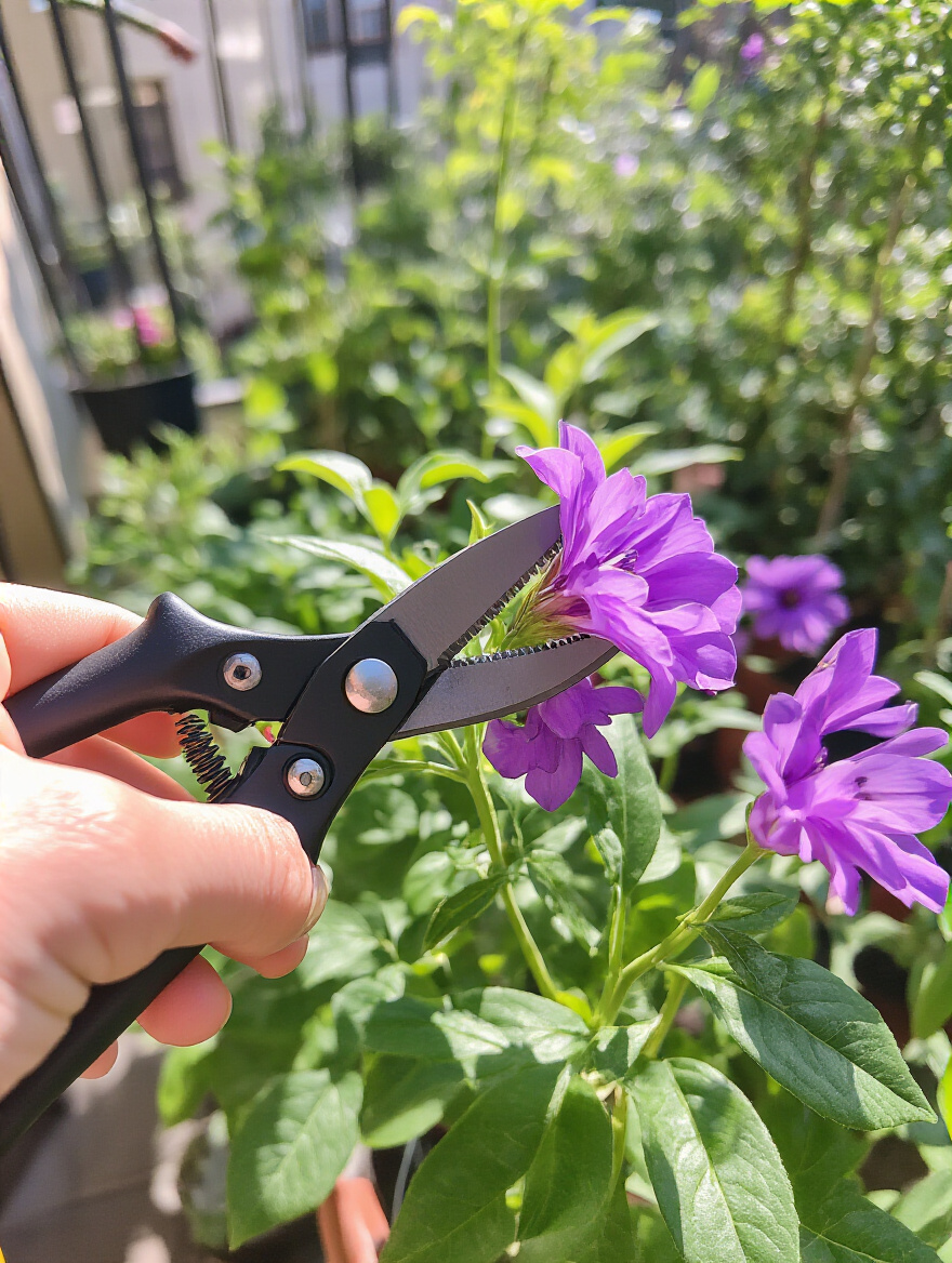 Pristine bypass pruning shears making a clean cut on a vibrant stem, deadheading a spent purple bloom on a thriving balcony plant amidst lush foliage.