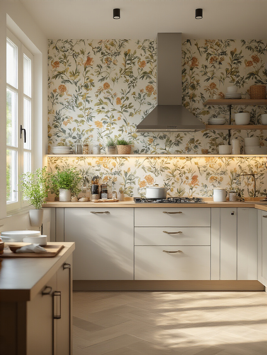 Portrait kitchen wallpaper under mixed lighting showing color and texture