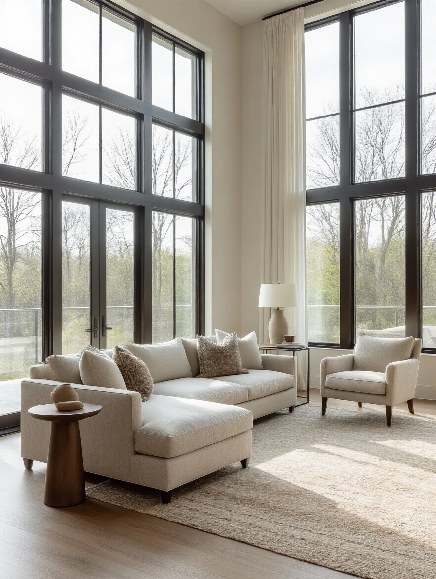 A professional, wide-angle interior photograph of a spacious, well-arranged living room demonstrating clear pathways and passages around furniture, under soft natural light, highlighting a smart living room layout with optimal traffic flow.