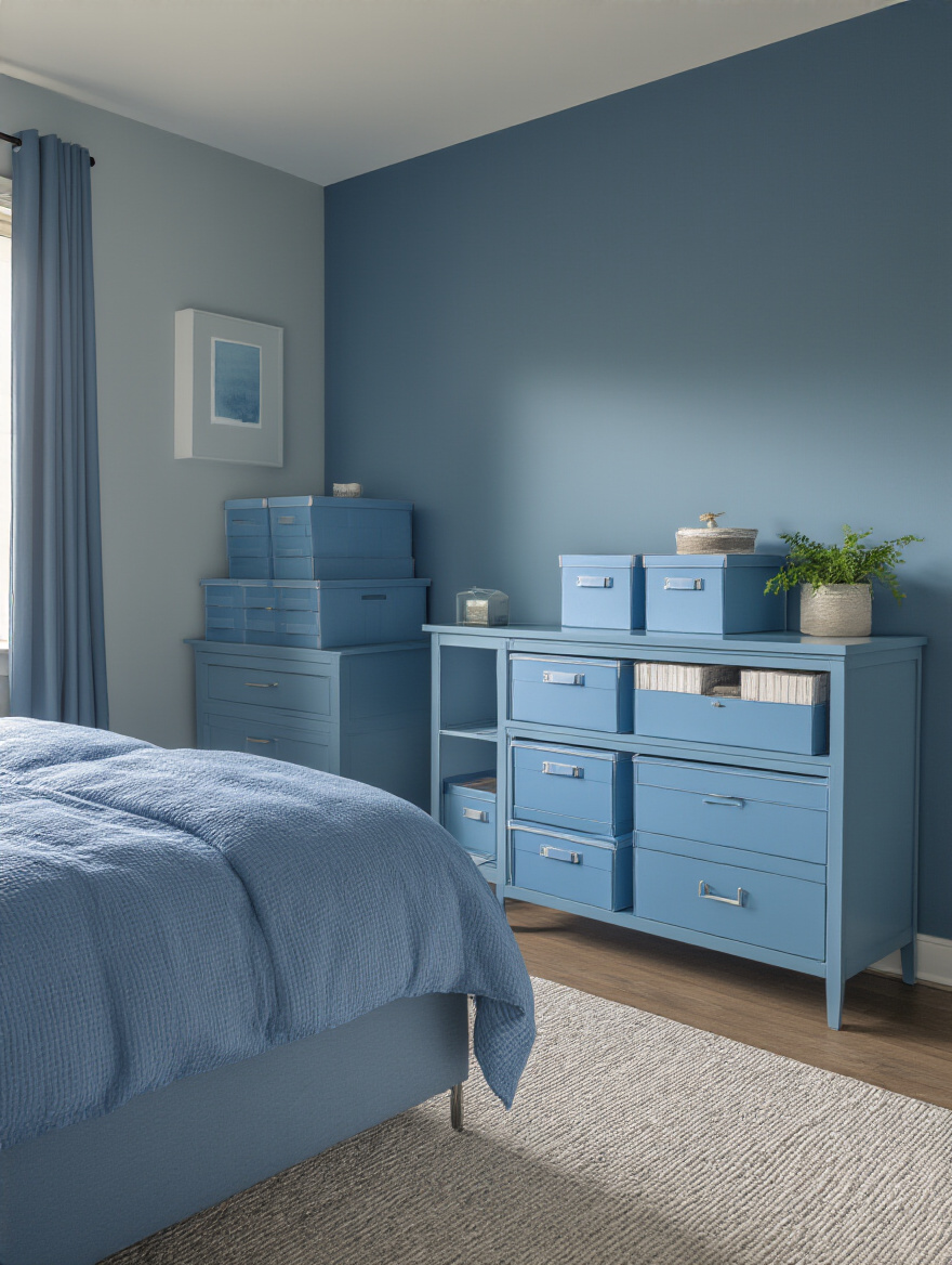 Organized blue bedroom with cohesive surfaces and tidy storage