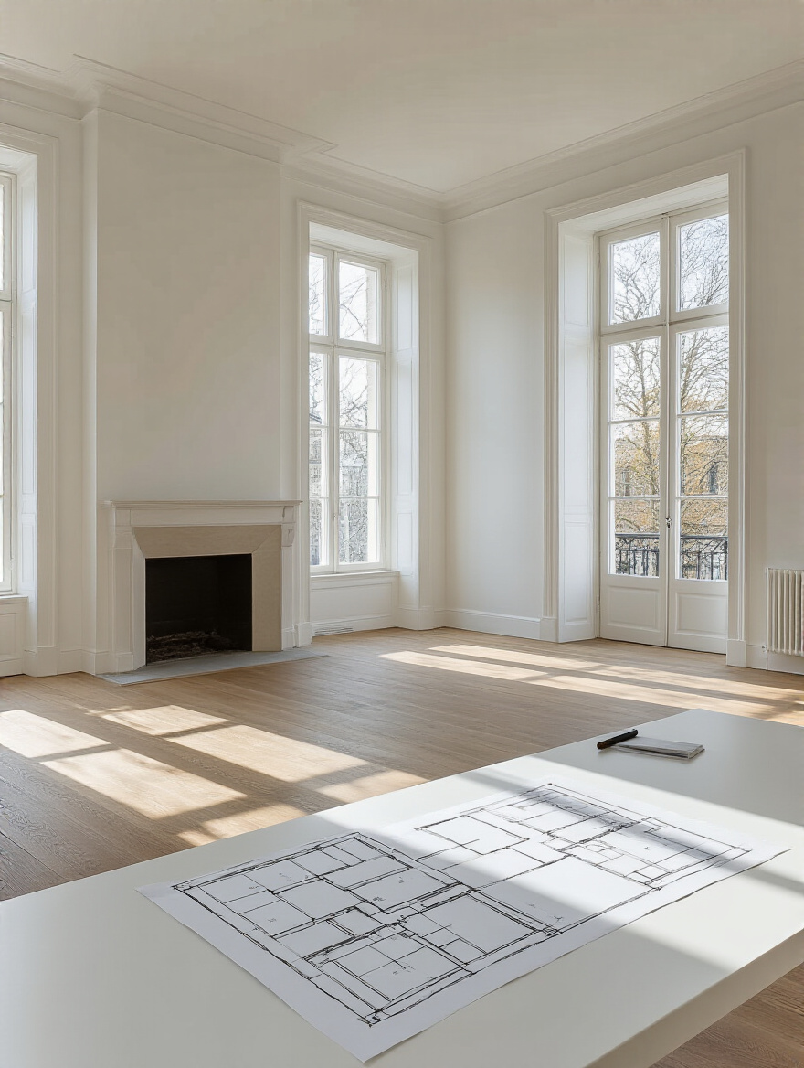 An empty modern living room showing a detailed floor plan sketch on a table, highlighting fixed architectural features like a large window and fireplace, crucial for living room layout planning.