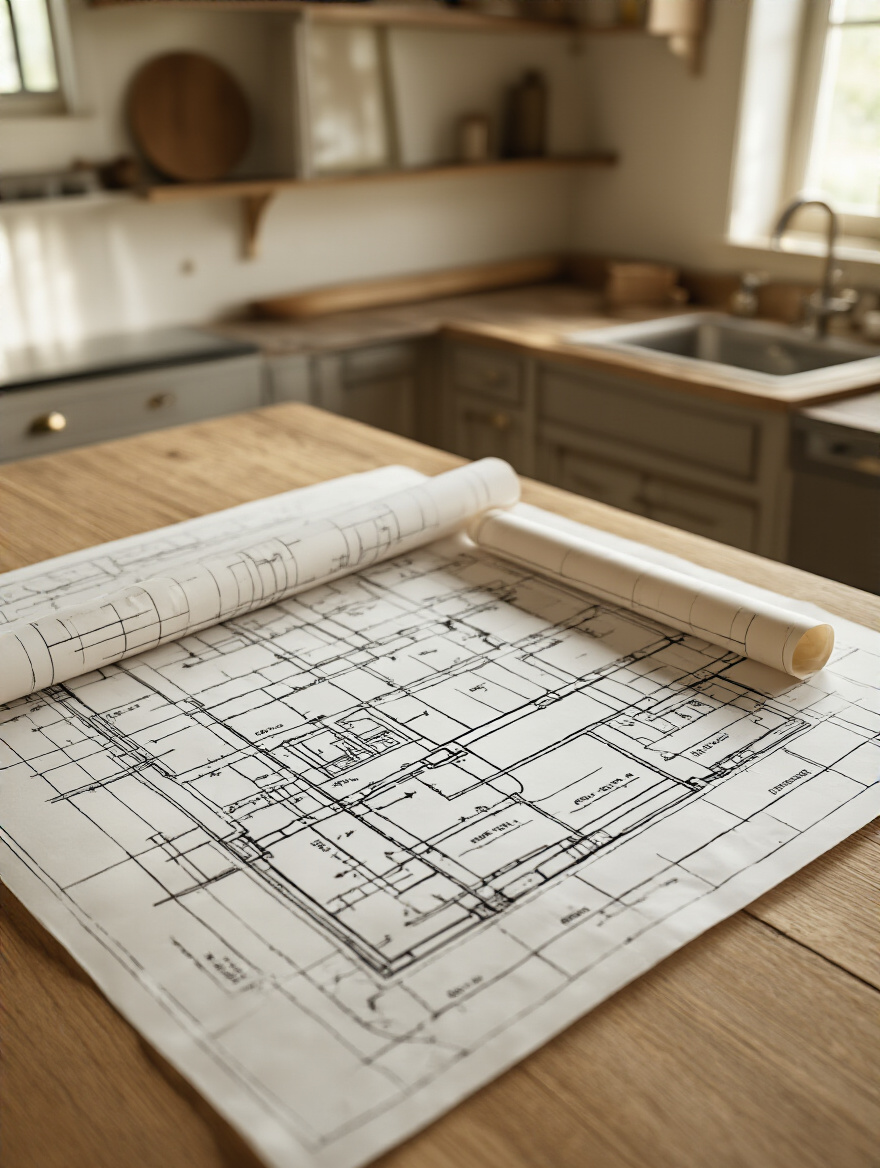 Architectural blueprint showing electrical wiring and plumbing routes on a farmhouse kitchen island, symbolizing utility planning.