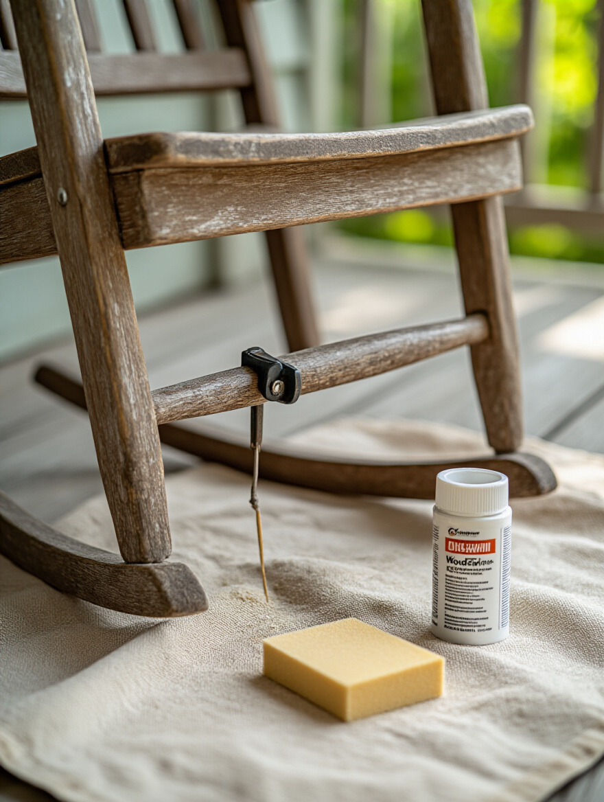 A detailed shot of someone performing DIY furniture repairs on a porch chair, clamping a loose joint with wood glue and sandpaper visible. Extends furniture lifespan.