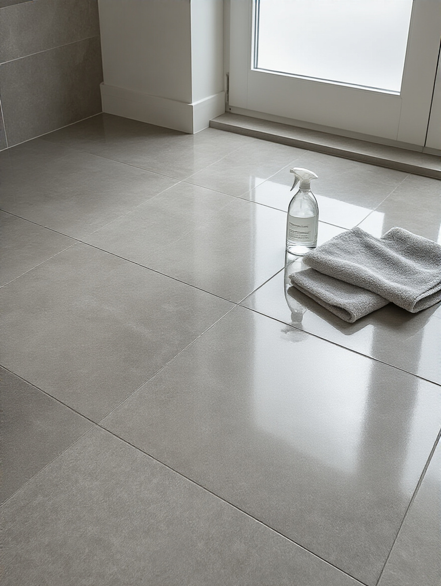 A gleaming bathroom floor of light grey porcelain tiles, meticulously cleaned and reflecting light, with a subtle display of pH-neutral cleaner and a microfiber cloth.