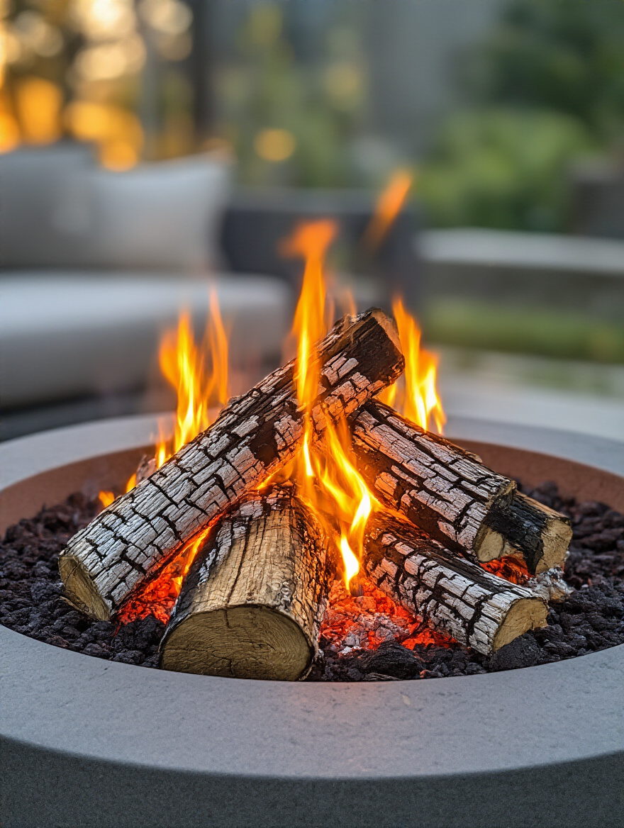 Close-up portrait view of a clean-burning fire in a modern outdoor firepit, showcasing expertly stacked seasoned firewood in a top-down lay with bright, controlled flames. No smoke, golden hour lighting.