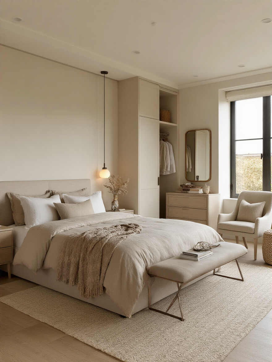 Portrait-style shot of a calm, zoned bedroom with defined sleeping, dressing, and reading areas.