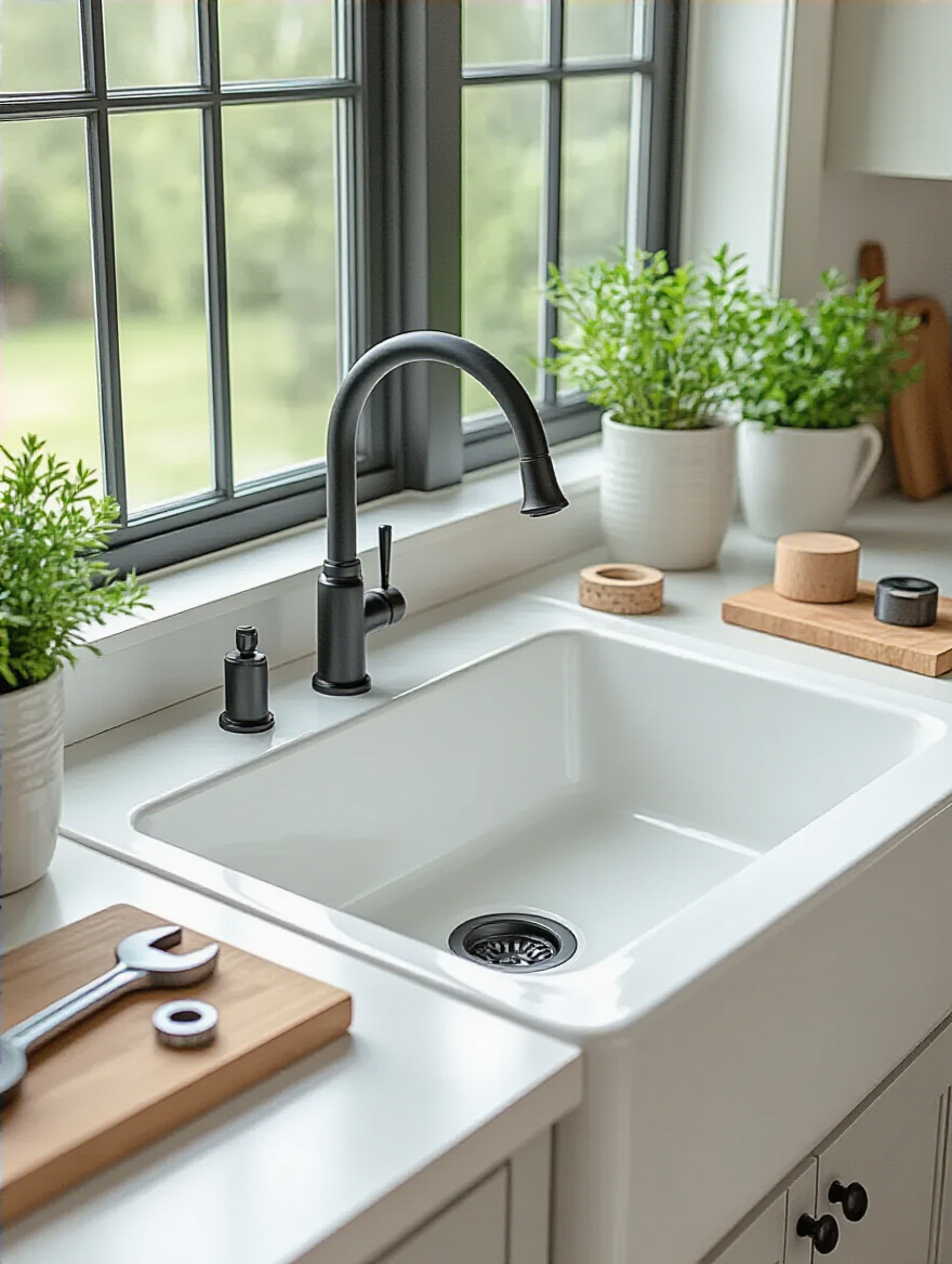 Modern kitchen sink with a newly installed matte black faucet, symbolizing a DIY plumbing fixture swap for kitchen remodels.