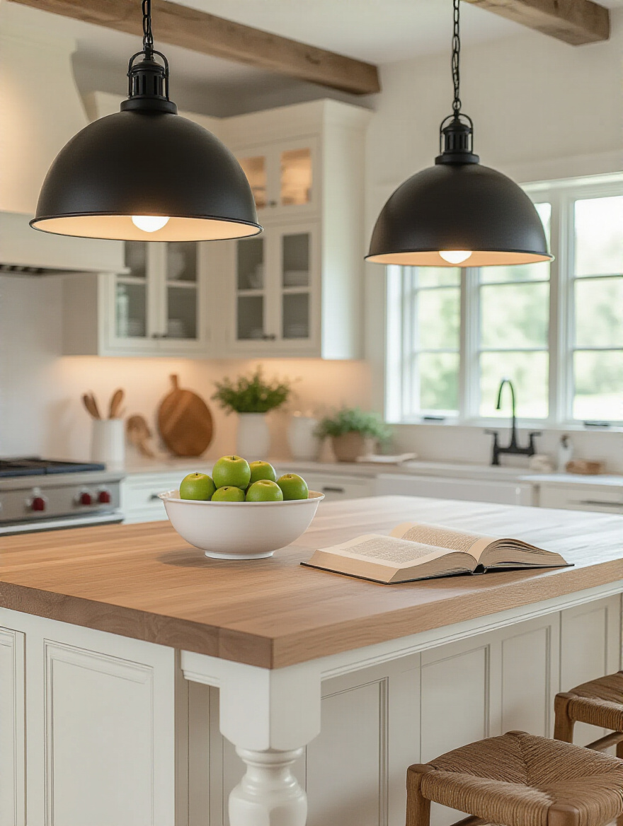 Farmhouse kitchen island with two stylish matte black pendant lights providing both task and ambient lighting. Wooden countertop, off-white island base, cozy and functional design.