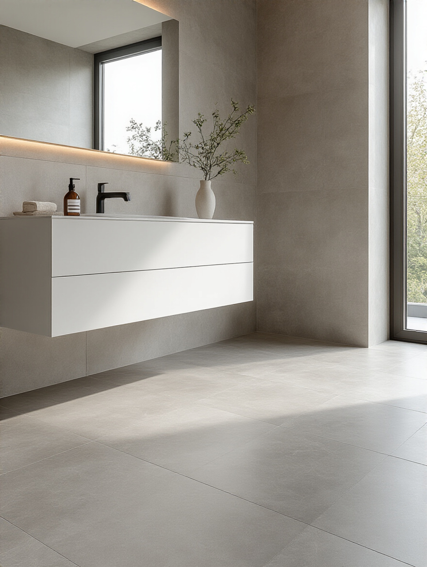 A modern bathroom featuring large grey porcelain floor tiles perfectly matching the sleek aesthetic, showcasing cohesive bathroom flooring style.