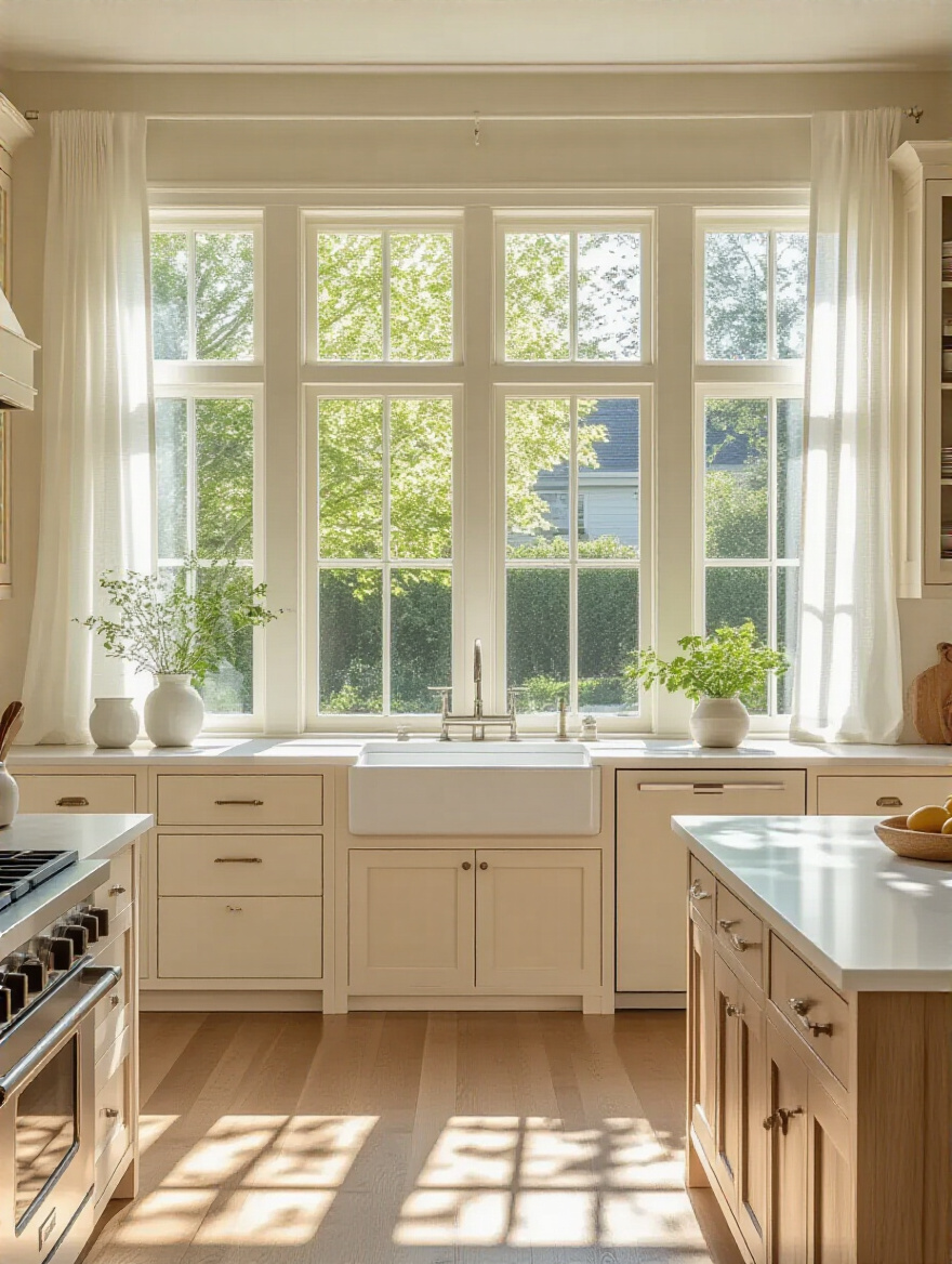 A bright cottage kitchen featuring large windows with sheer white linen curtains, filled with natural light, showing open views to a green garden outside. The kitchen has light-colored cabinets and a rustic wooden island.