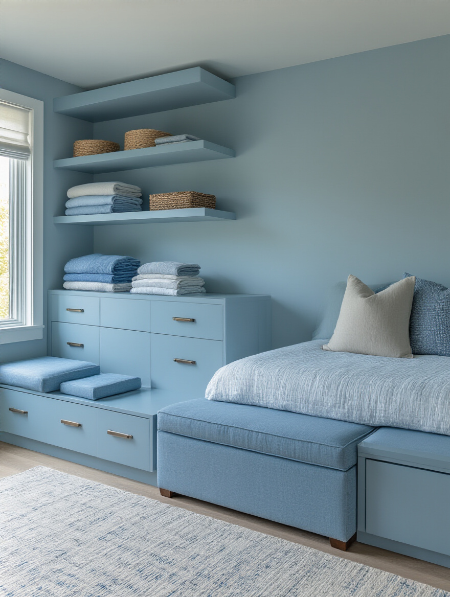 Tranquil blue bedroom corner with integrated storage