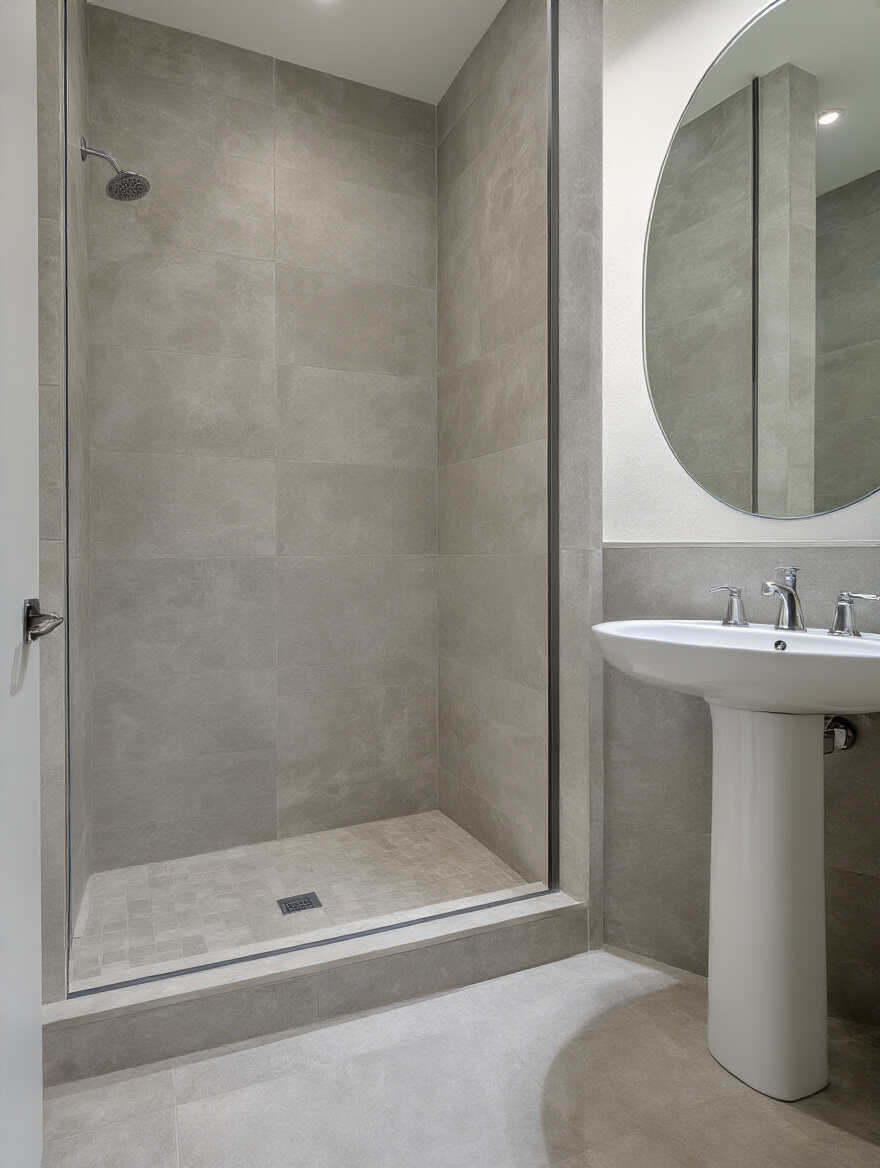 Modern small bathroom with light gray large format floor tiles and minimal grout, creating an expansive feel. Features a white pedestal sink and round mirror.