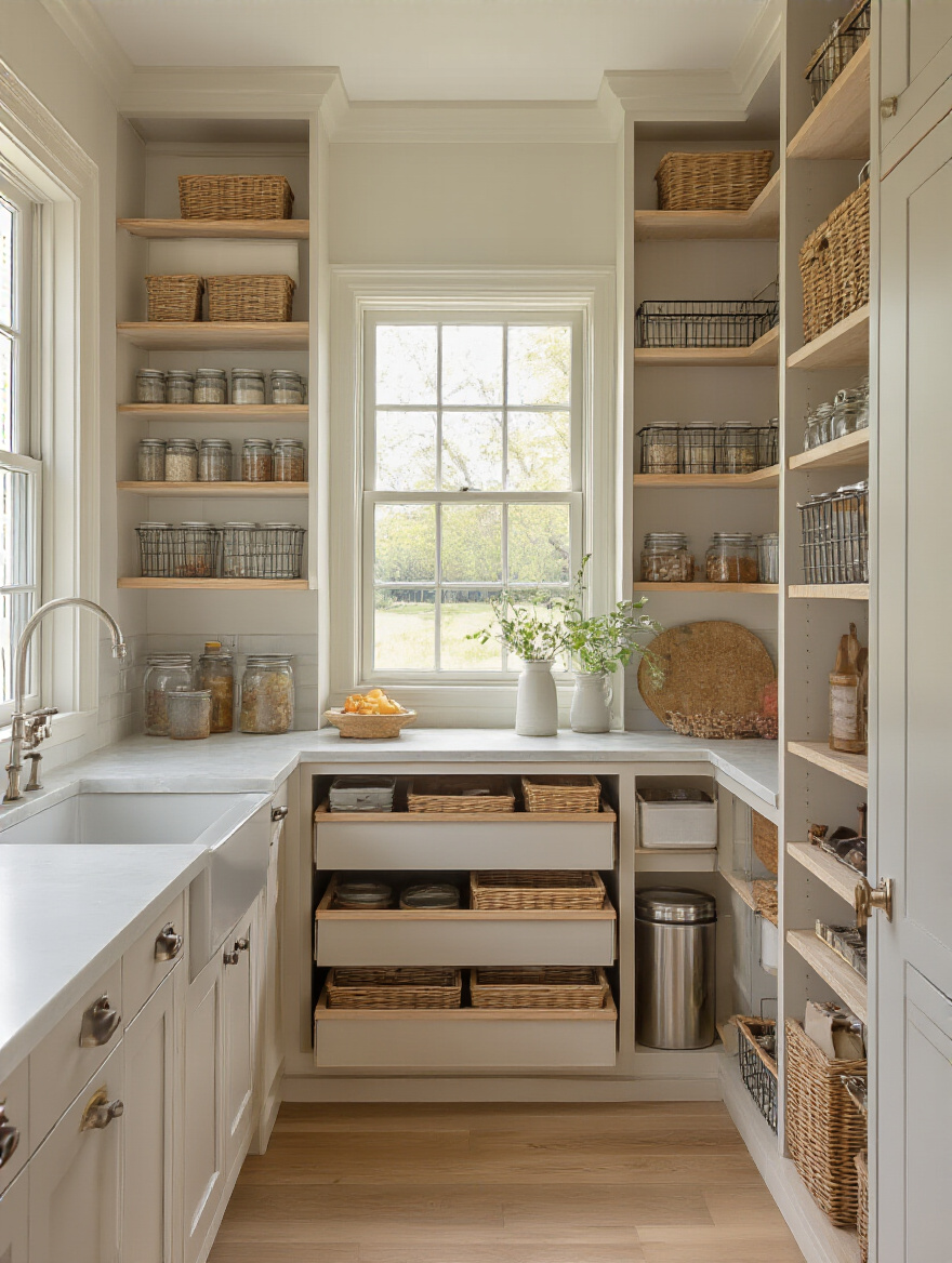 Portrait view of a farmhouse kitchen with smart pantry organization