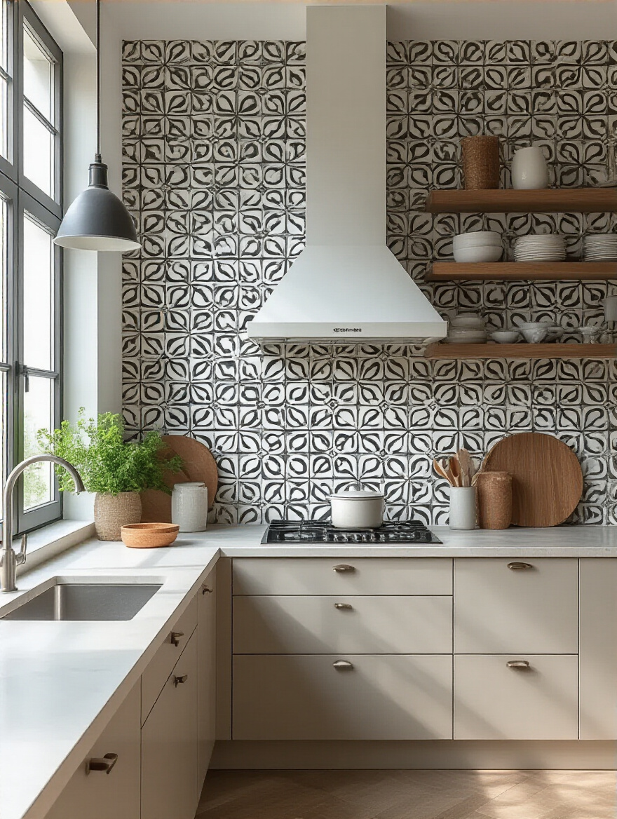 Portrait view of a kitchen wall with geometric faux tile wallpaper