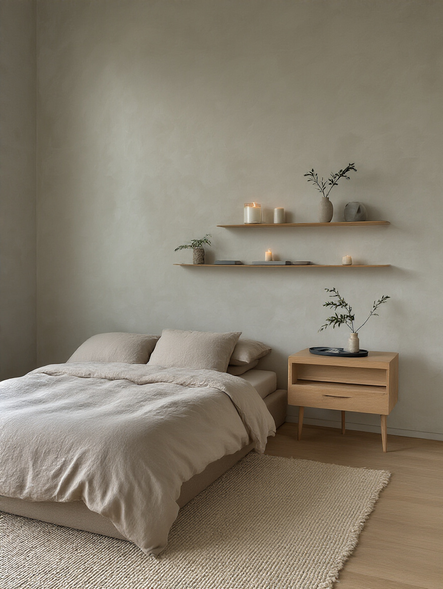 Clutter-free modern bedroom with curated decor and negative space