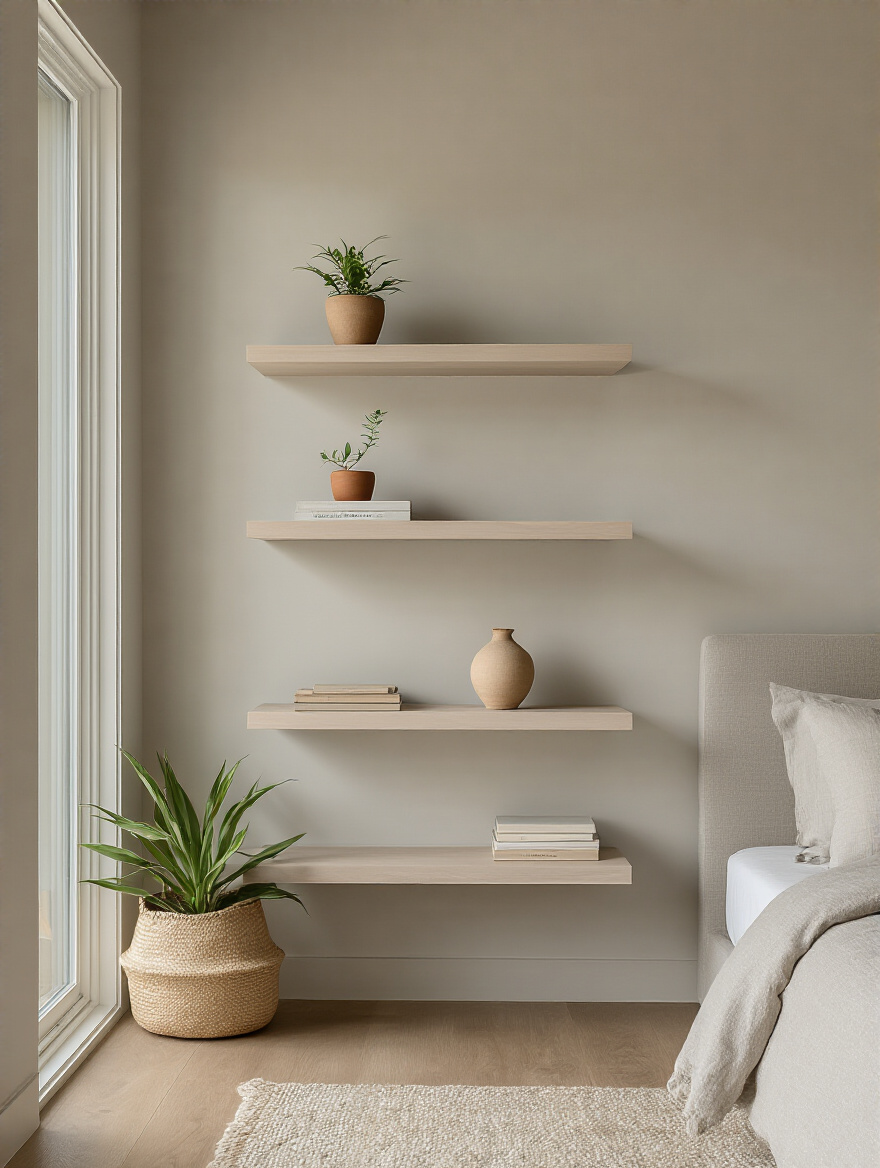 Portrait of a modern bedroom wall with seamless floating shelves and minimal decor.