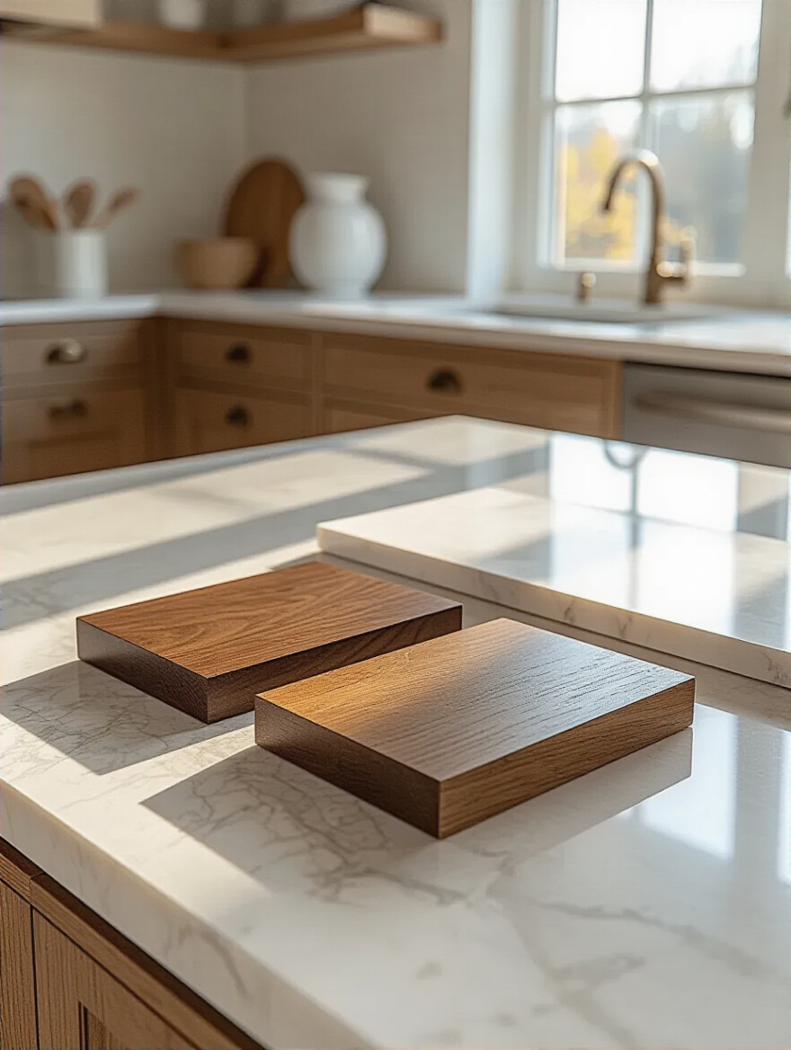 Two different kitchen material samples, a dark wood cabinet door and a white marble tile, lying side-by-side on a clean, modern kitchen countertop, symbolizing comparison and decision-making for kitchen remodel contractor quotes and deals.