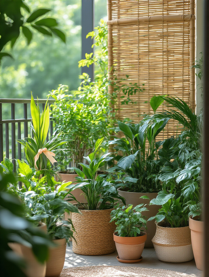 Balcony garden with a woven bamboo windbreak, lush green plants, and a delicate ribbon showing a gentle breeze, under soft natural light.