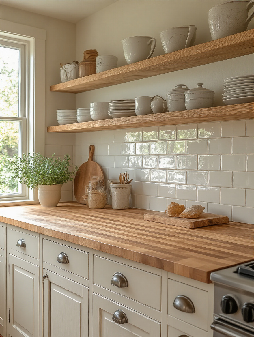 A charming cottage kitchen featuring both a warm butcher block countertop and classic white ceramic tile countertops, showcasing durable and cozy design.