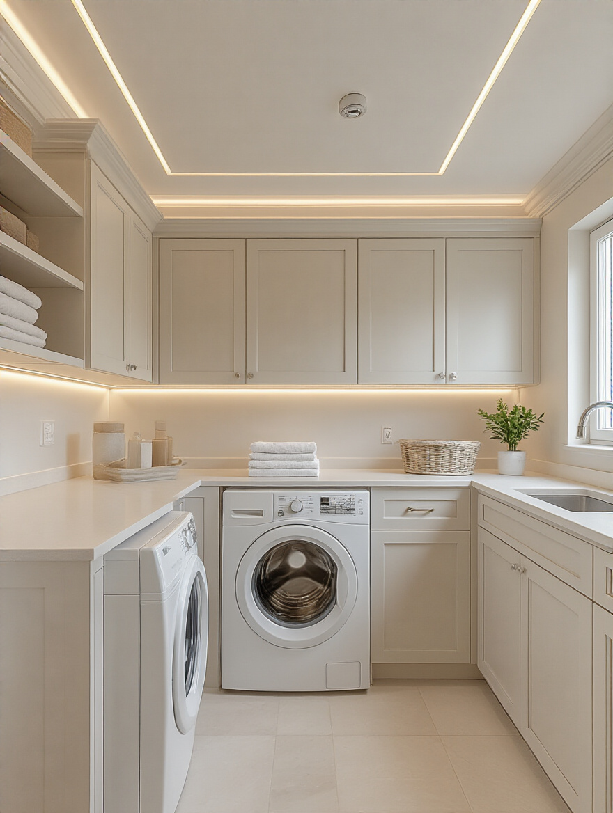 Vertical portrait of a bright laundry room with light neutrals, white cabinetry, and reflective surfaces.