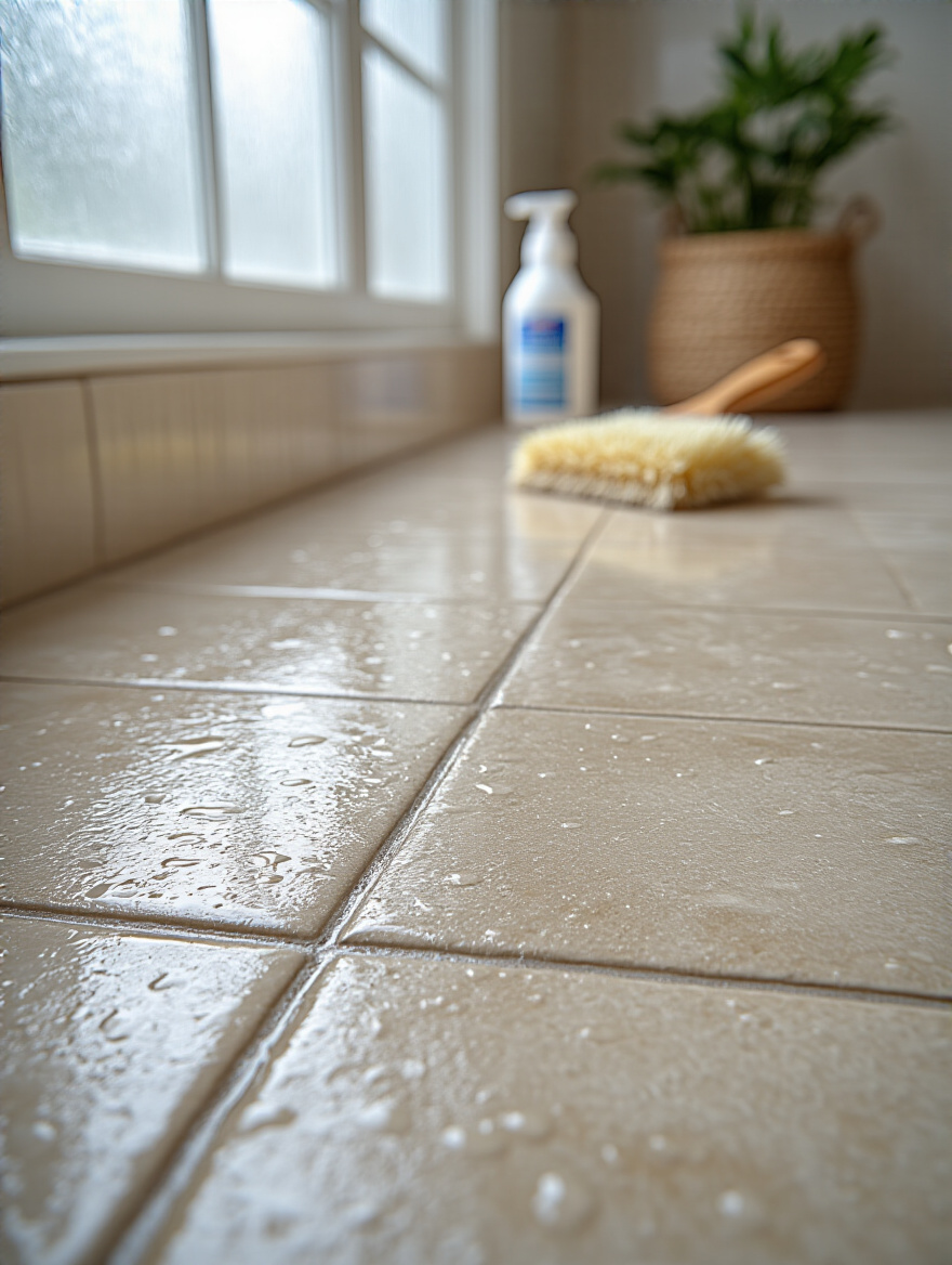 Close-up of clean, perfectly sealed light gray bathroom floor tiles with visible water beading, highlighting the effectiveness of proper grout and sealant application for durability.